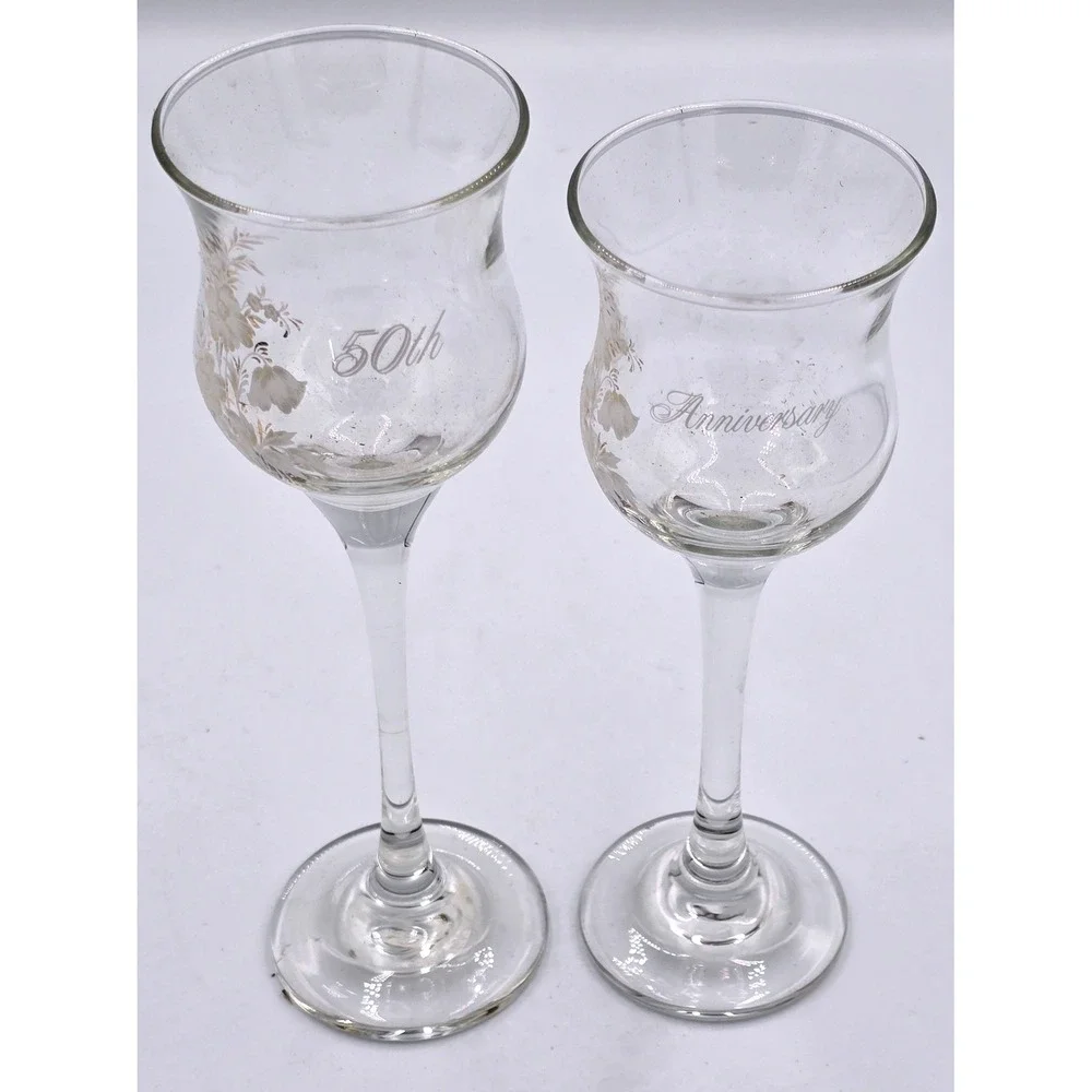 50th Anniversary Etched Votive Candle Long Stem Pair Floral Gold Tone Vintage